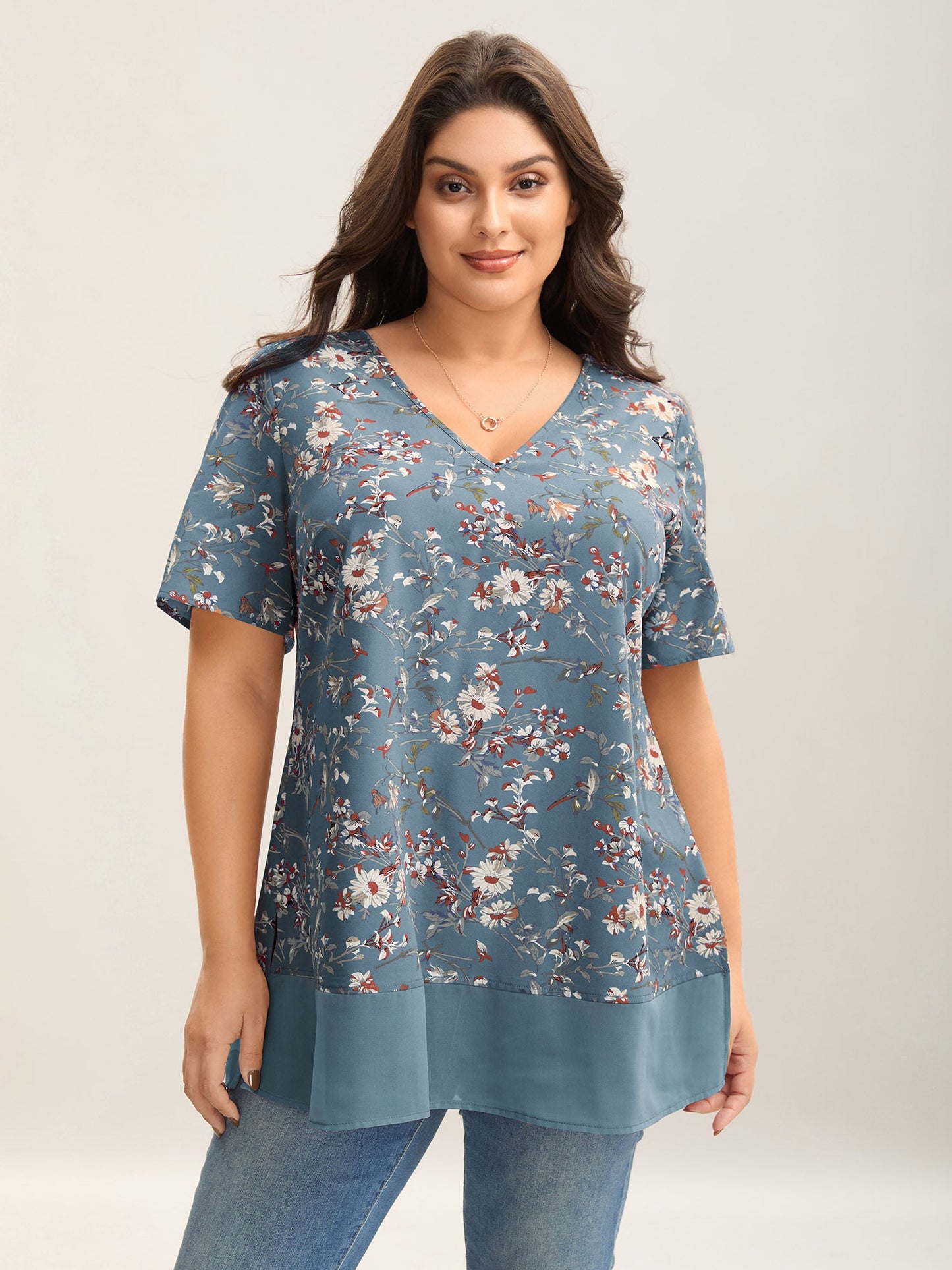 Garden Print Spliced V-Neck Blouse