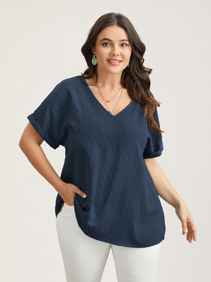 Back-Button Textured V-Neck Shirt