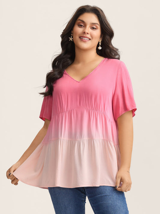 Rayon Tie-Dye V-Neck Tiered Blouse