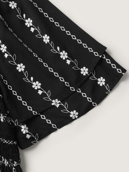 Floral Stripes Layered Ruffle Sleeve Midi Dress