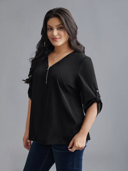 Plain V Neck Half Zip Tab Sleeve Blouse