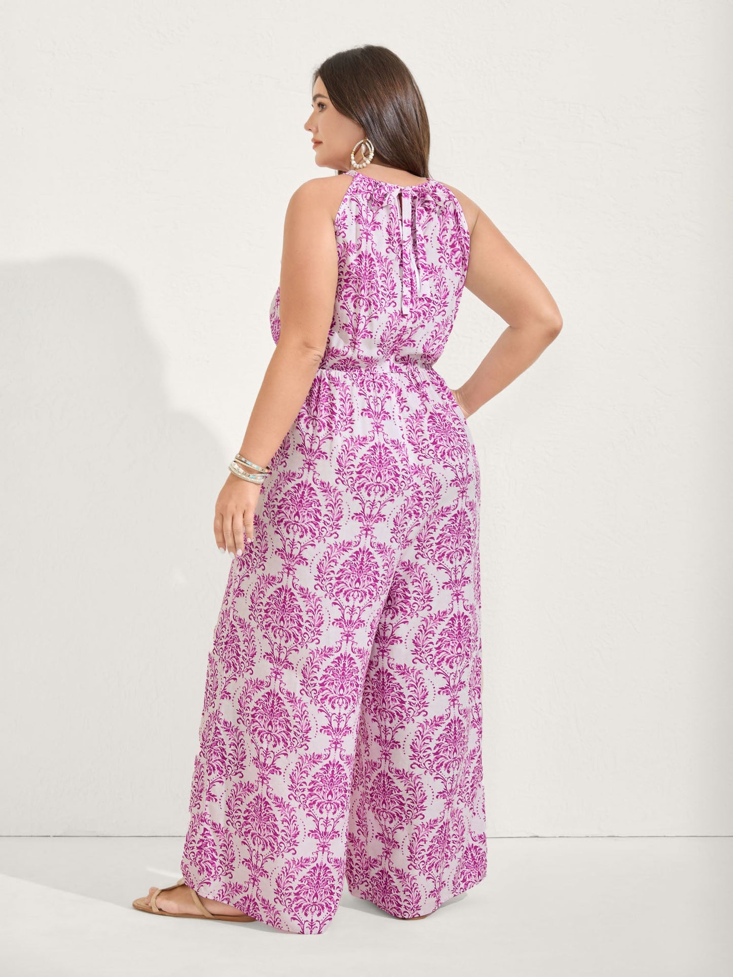 Rayon Damask Print Stretchy Waist Jumpsuit