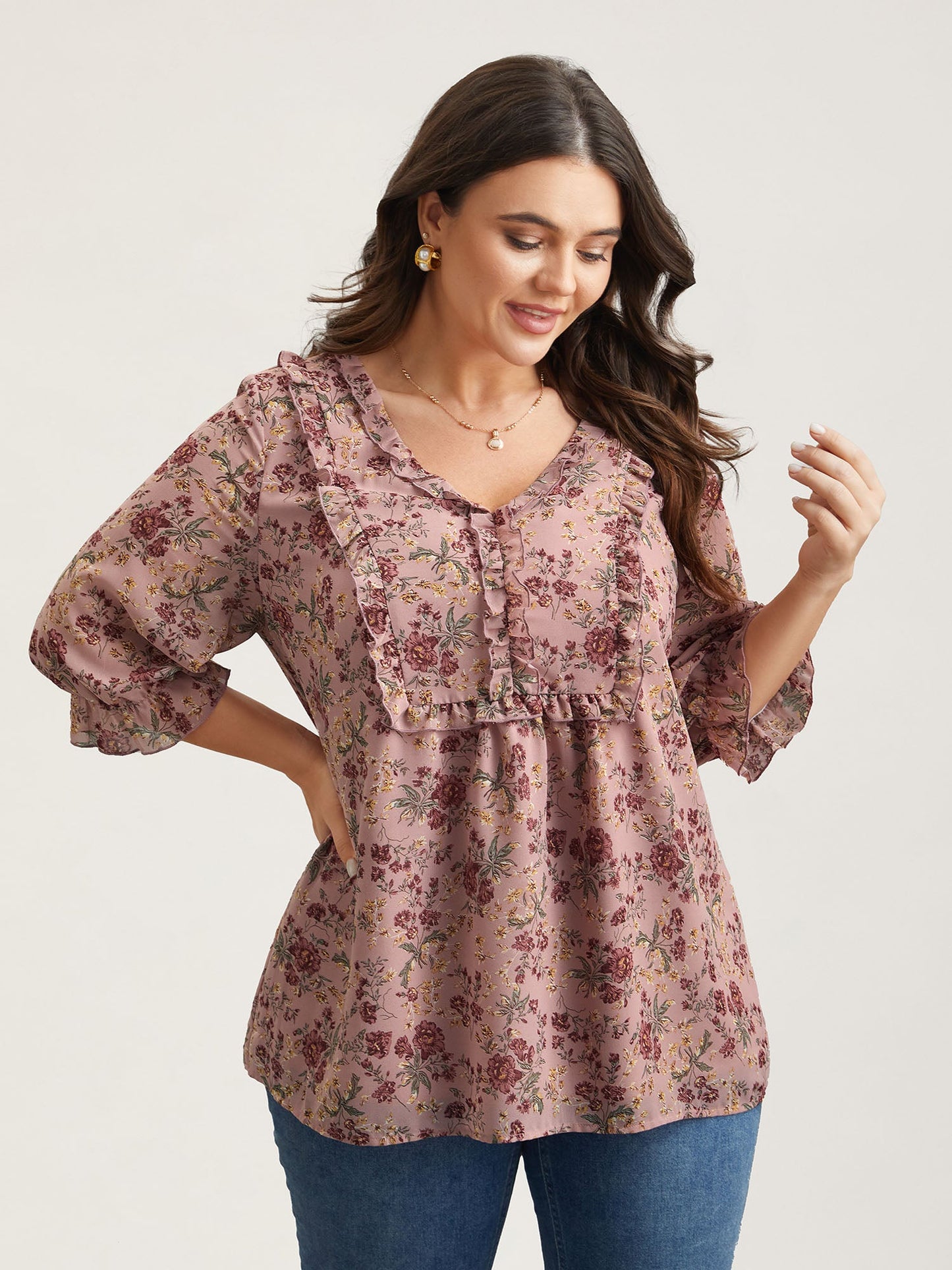 Chiffon Floral Print Ruffled Neck Flowy Shirt