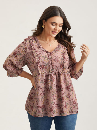 Chiffon Floral Print Ruffled Neck Flowy Shirt