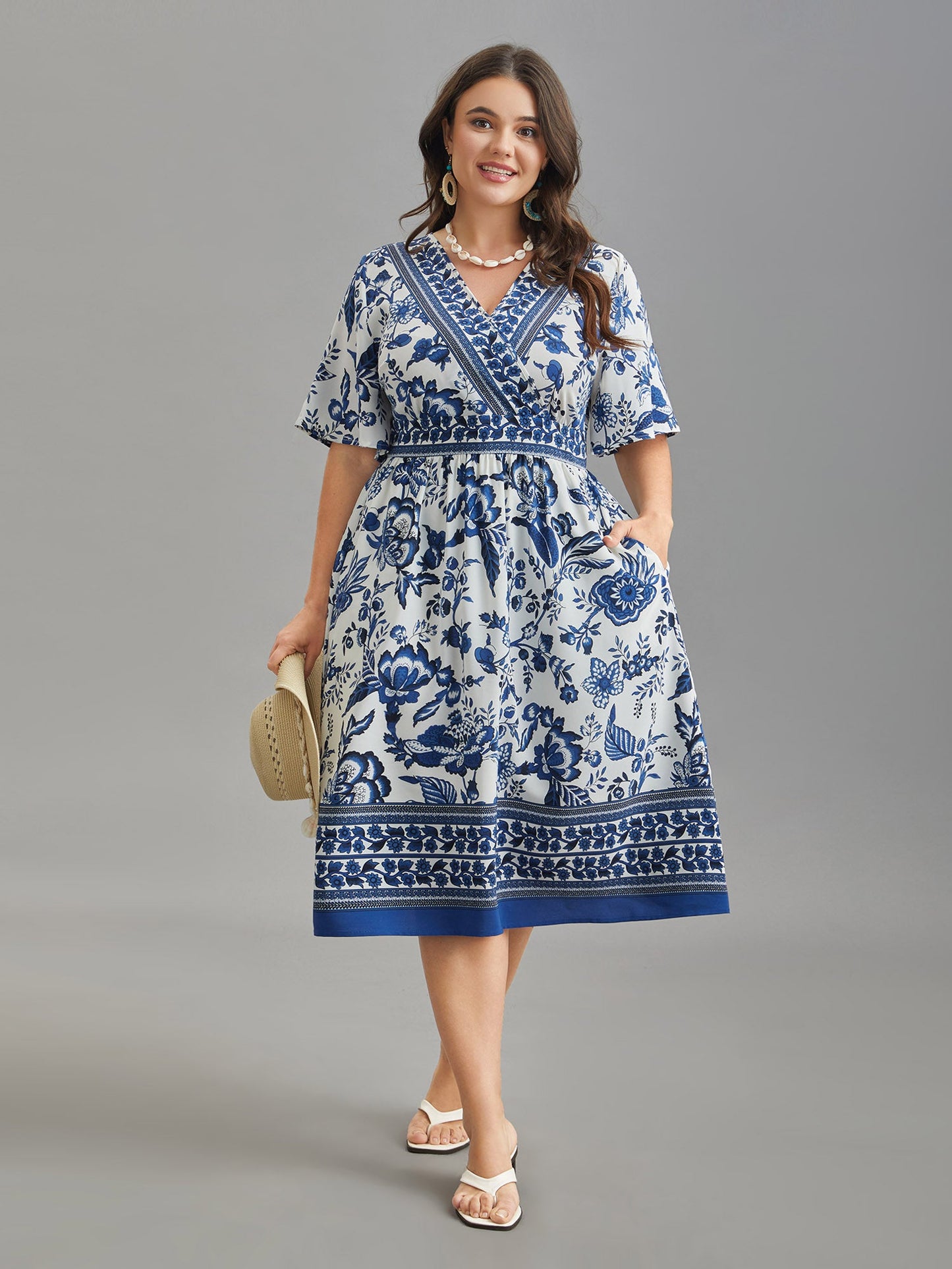 Floral Print Wrap-Neck Pocket Midi Dress
