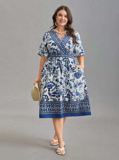 Floral Print Wrap-Neck Pocket Midi Dress