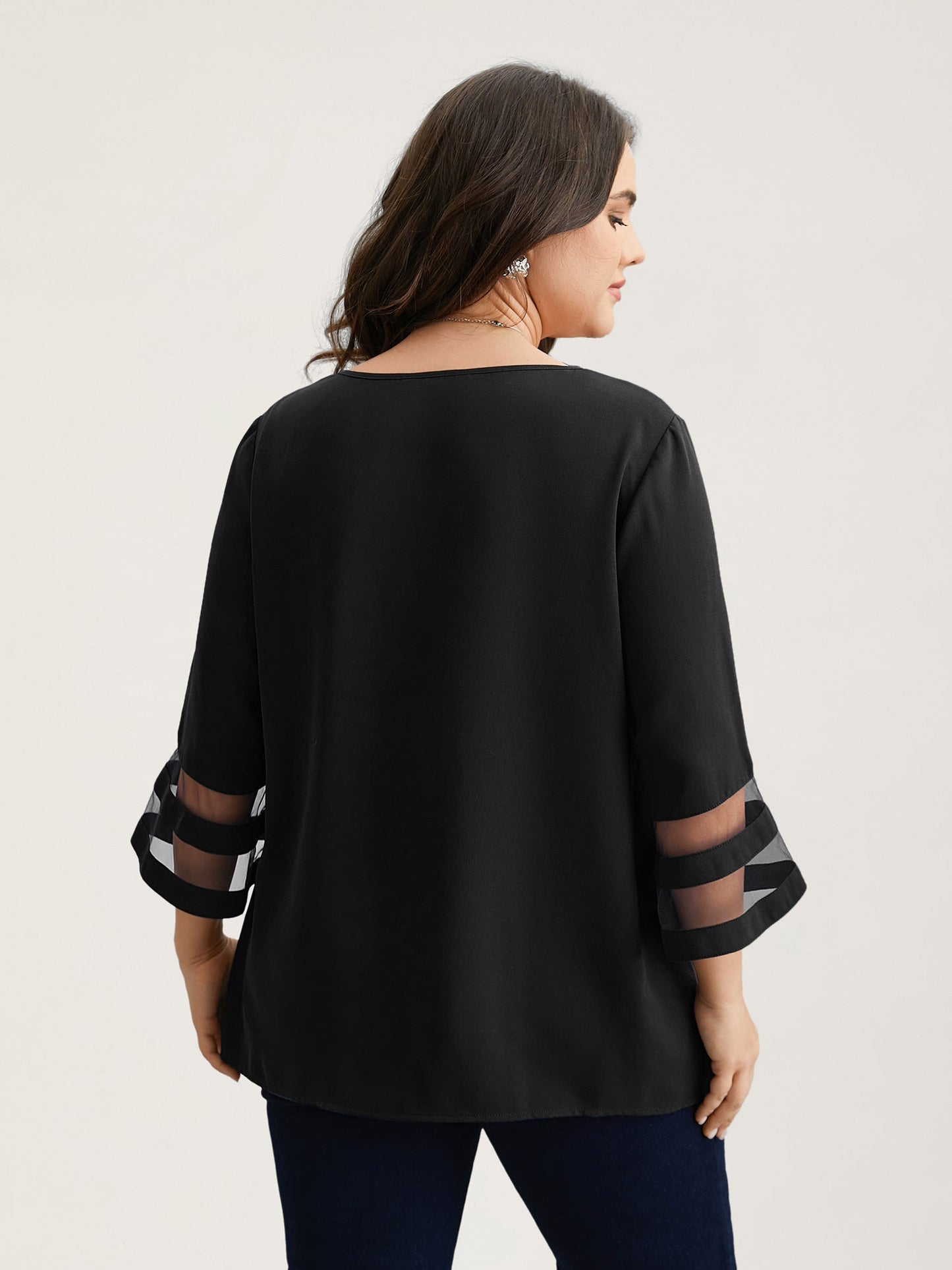Sheer Sleeve Patchwork Asymmetrical Neckline Blouse
