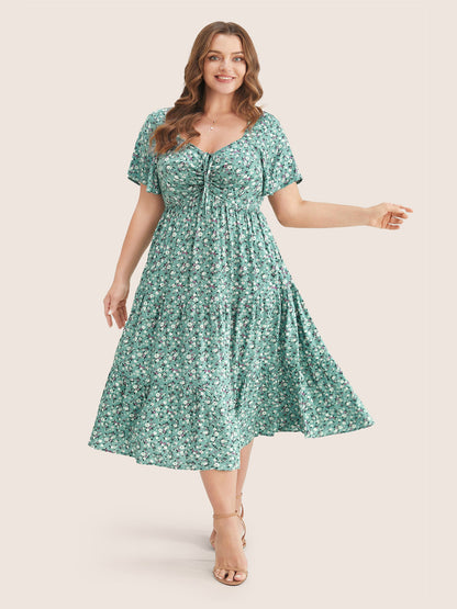 Ditsy Floral Sweetheart Drawstring Pocket Tiered Dress