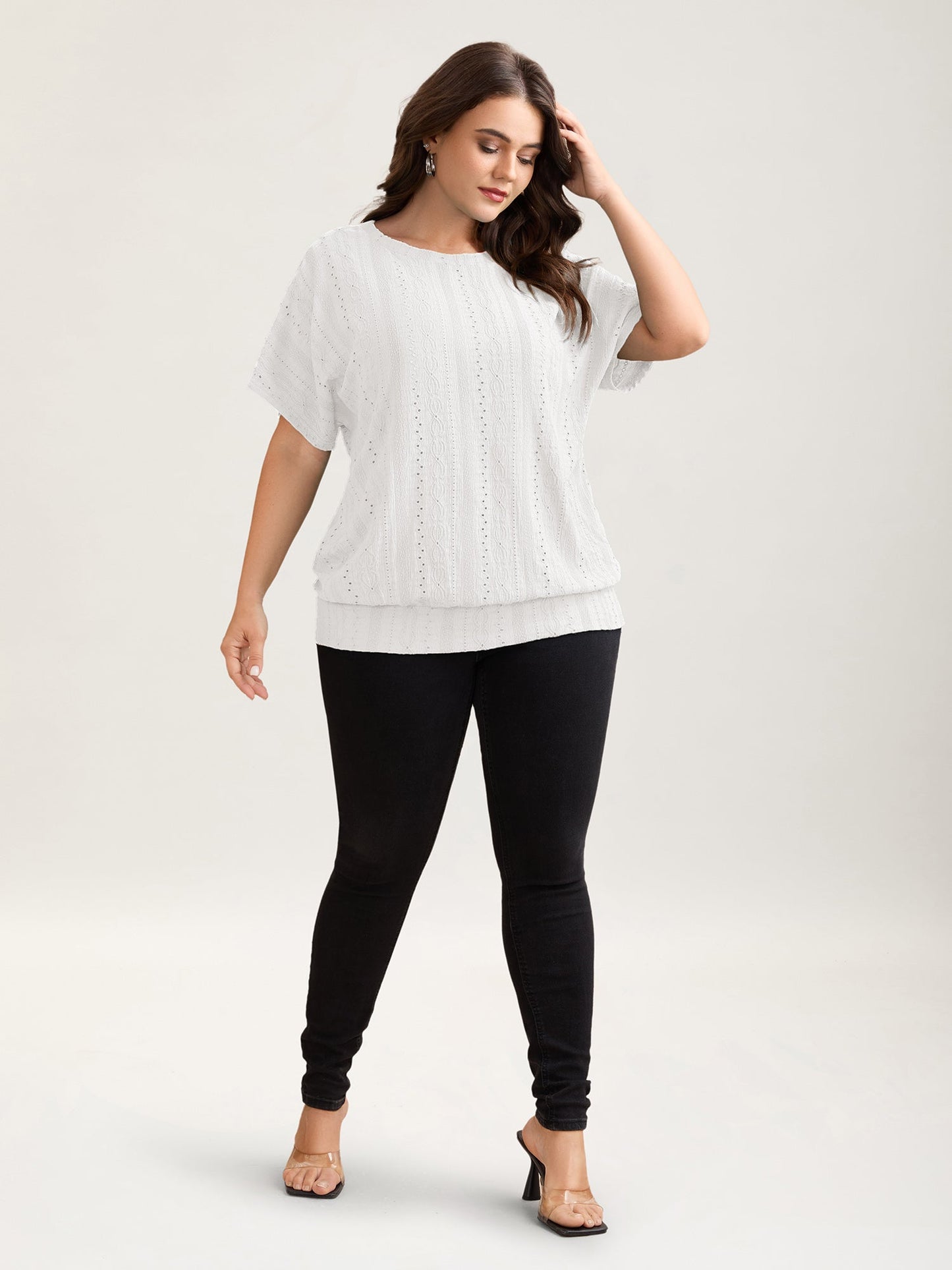Eyelet Trim Stretchy Textured Plain Top