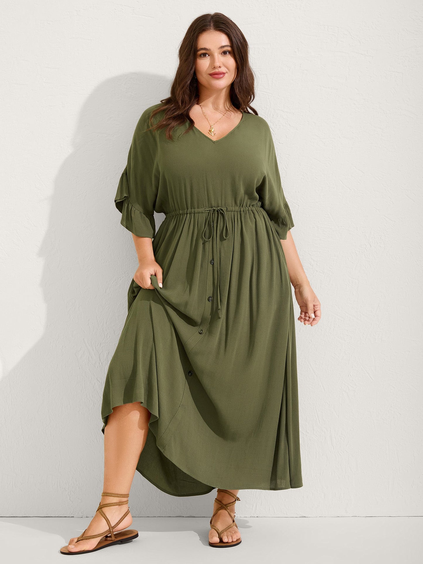 Waist-Defining Tie Ruffled Sleeve Midi Dress