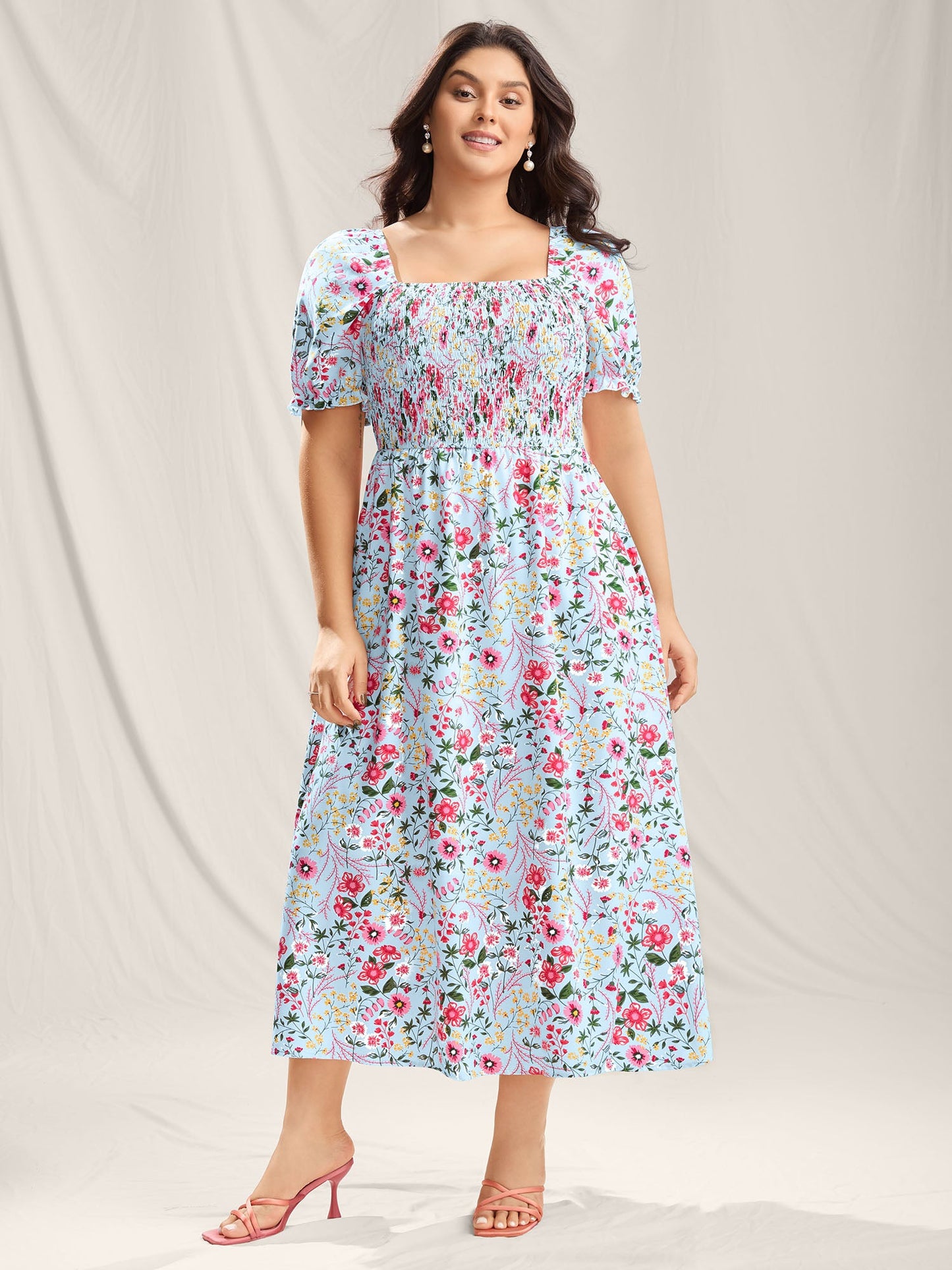 Shirred Floral Print Pockets Maxi Dress