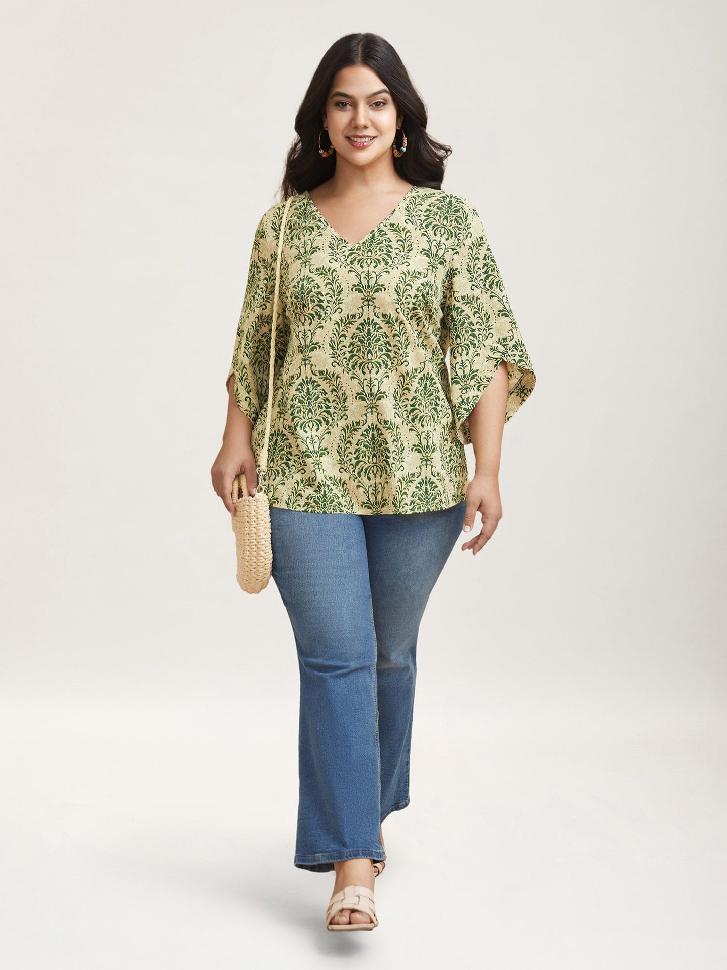 Damask Print Flared Sleeve V-Neck Shirt
