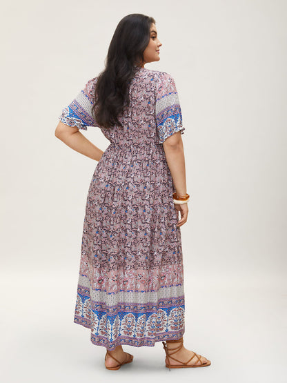 Boho Print Notched Ties Tassel Trim Dress