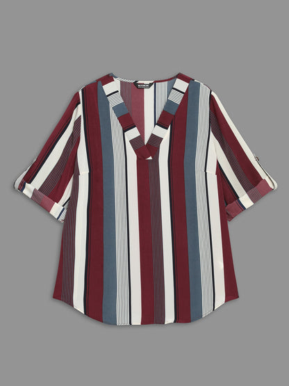 Vertical Striped V-Neck Tab Sleeve Blouse