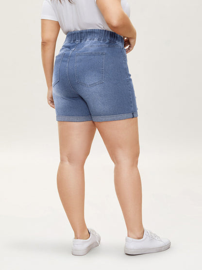Distressed Drawstring Roll Hem Denim Shorts