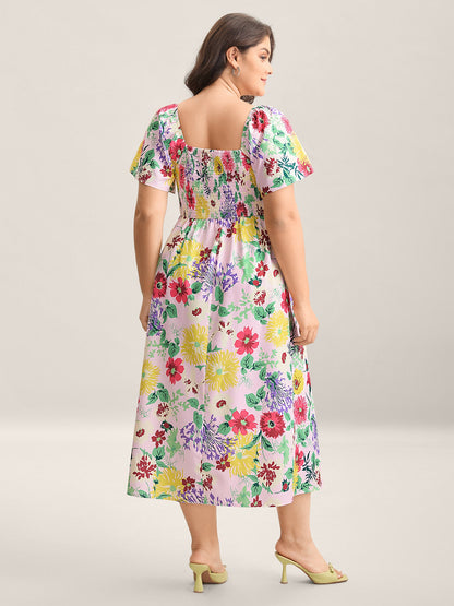 Floral Shirred Square Neck Pocket Midi Dress