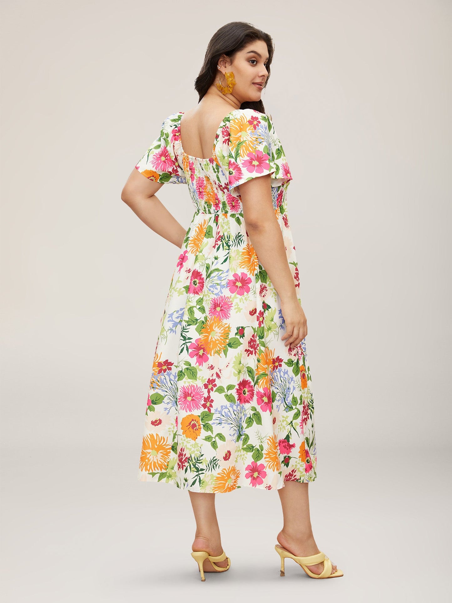 Floral Shirred Square Neck Pocket Midi Dress