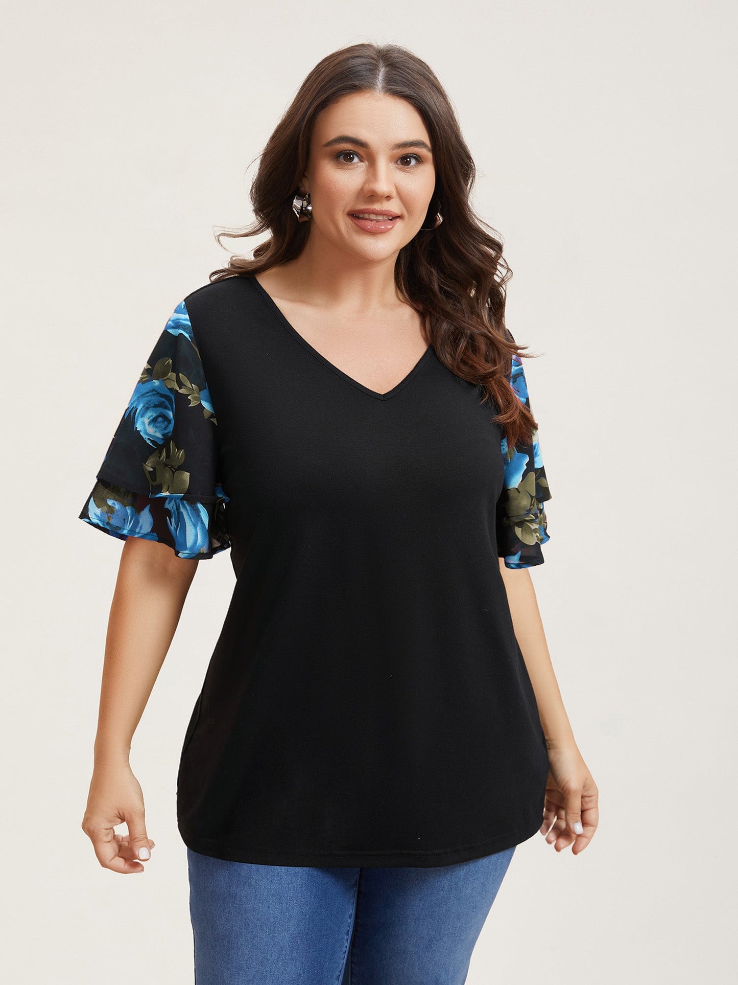 Stretchy Floral Lotus Sleeve V-Neck T-Shirt