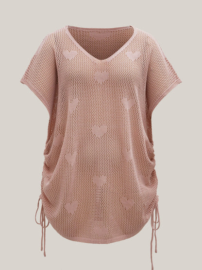 Heart Pattern Drawstring Textured Sheer Swim Cover-Up
