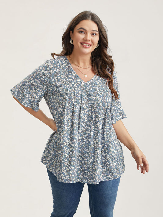 Ditsy Floral Pleated Flared Sleeve Shirt