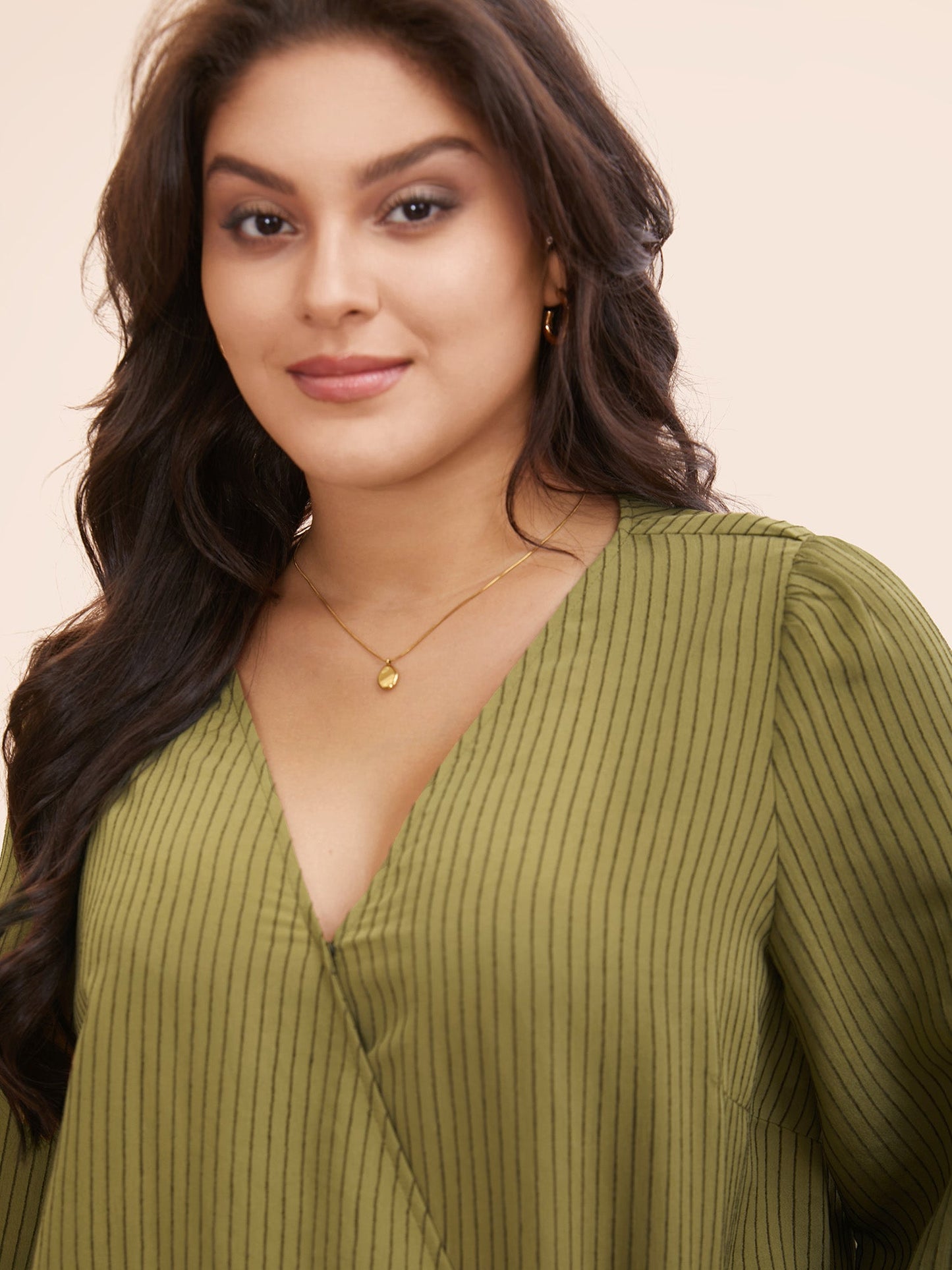 Striped Textured Overlap Collar Shirred Blouse