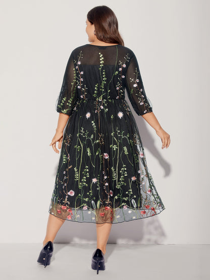 Floral Embroidered Elastic Waist Lined Midi Dress
