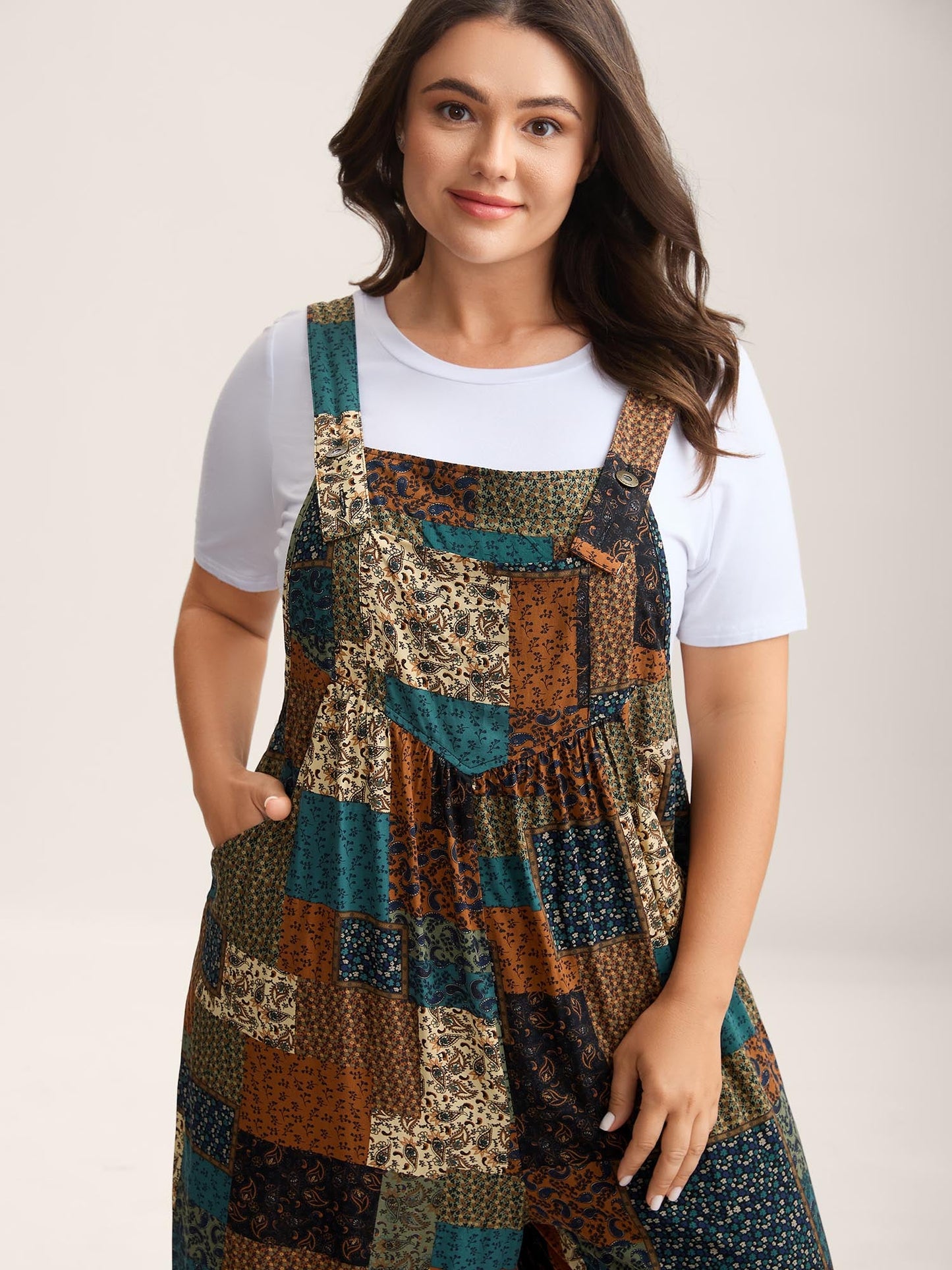 Vintage Boho Collage Overall Straps Jumpsuit