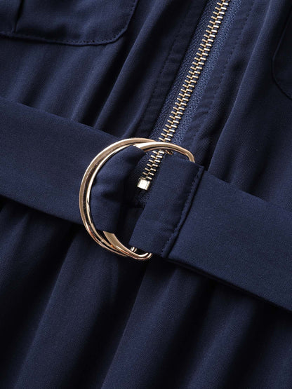 Half Zipper Pockets Belted Midi Dress