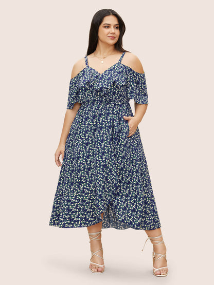 Ditsy Floral Pocket Wrap Cold Shoulder Ruffle Dress