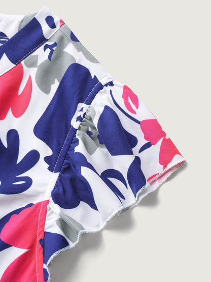 Color Block Floral Print Notched Midi Dress