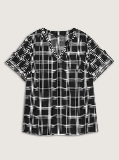 Plaid Print Tab Sleeve Notched Blouse