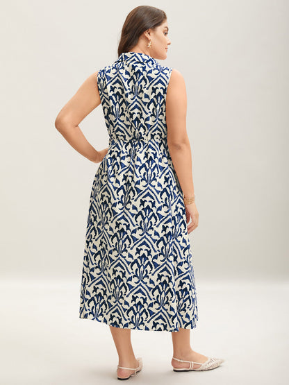 Spring Abstract Print Shirt Collar Midi Dress