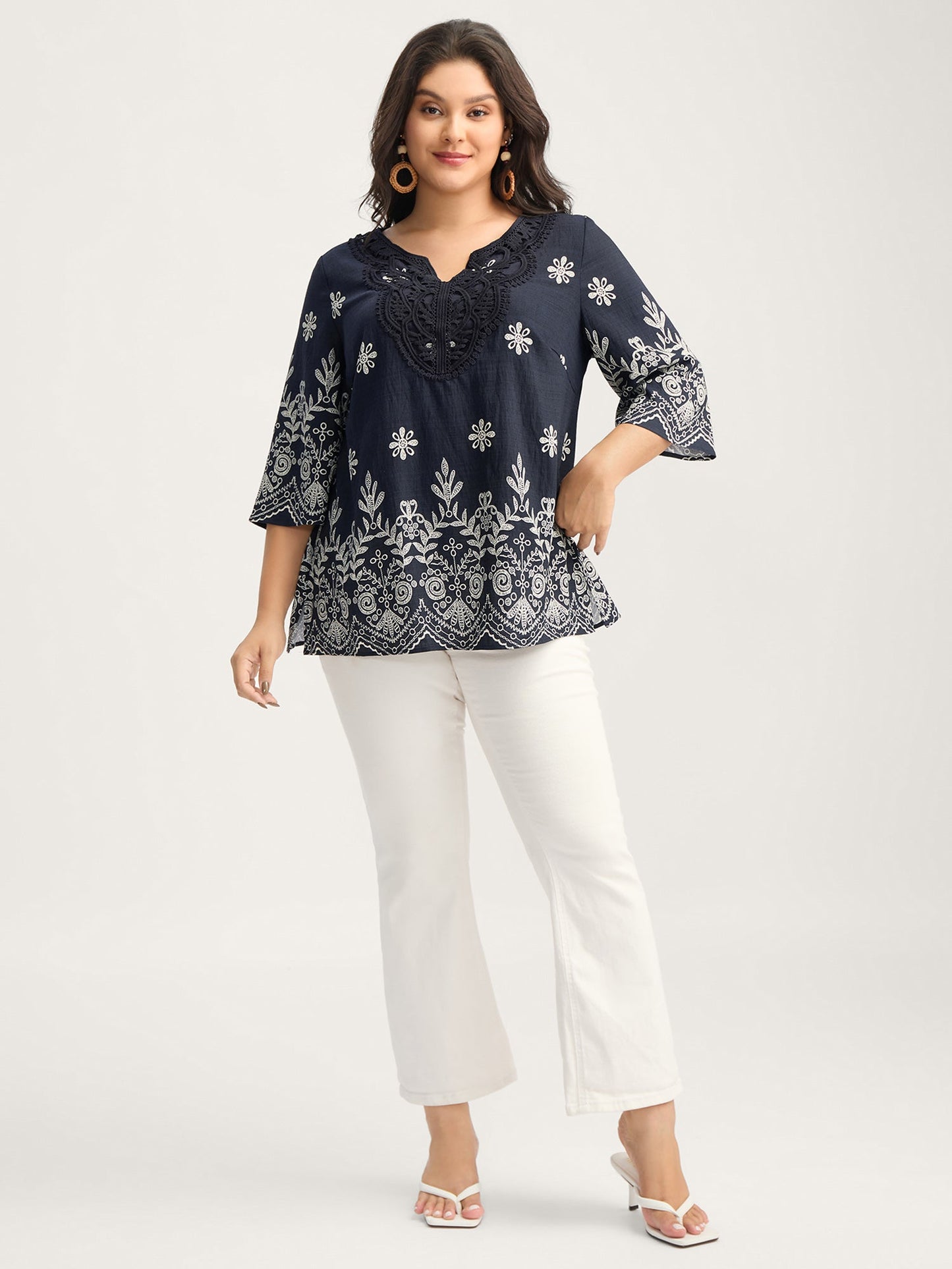 Boho Print Lace Neck Blouse