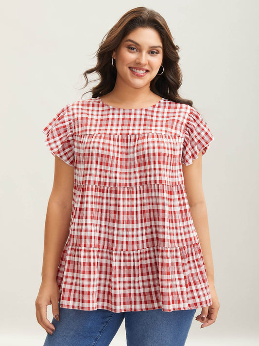 Plaid Print Textured Lotus Leaf Sleeve Shirt