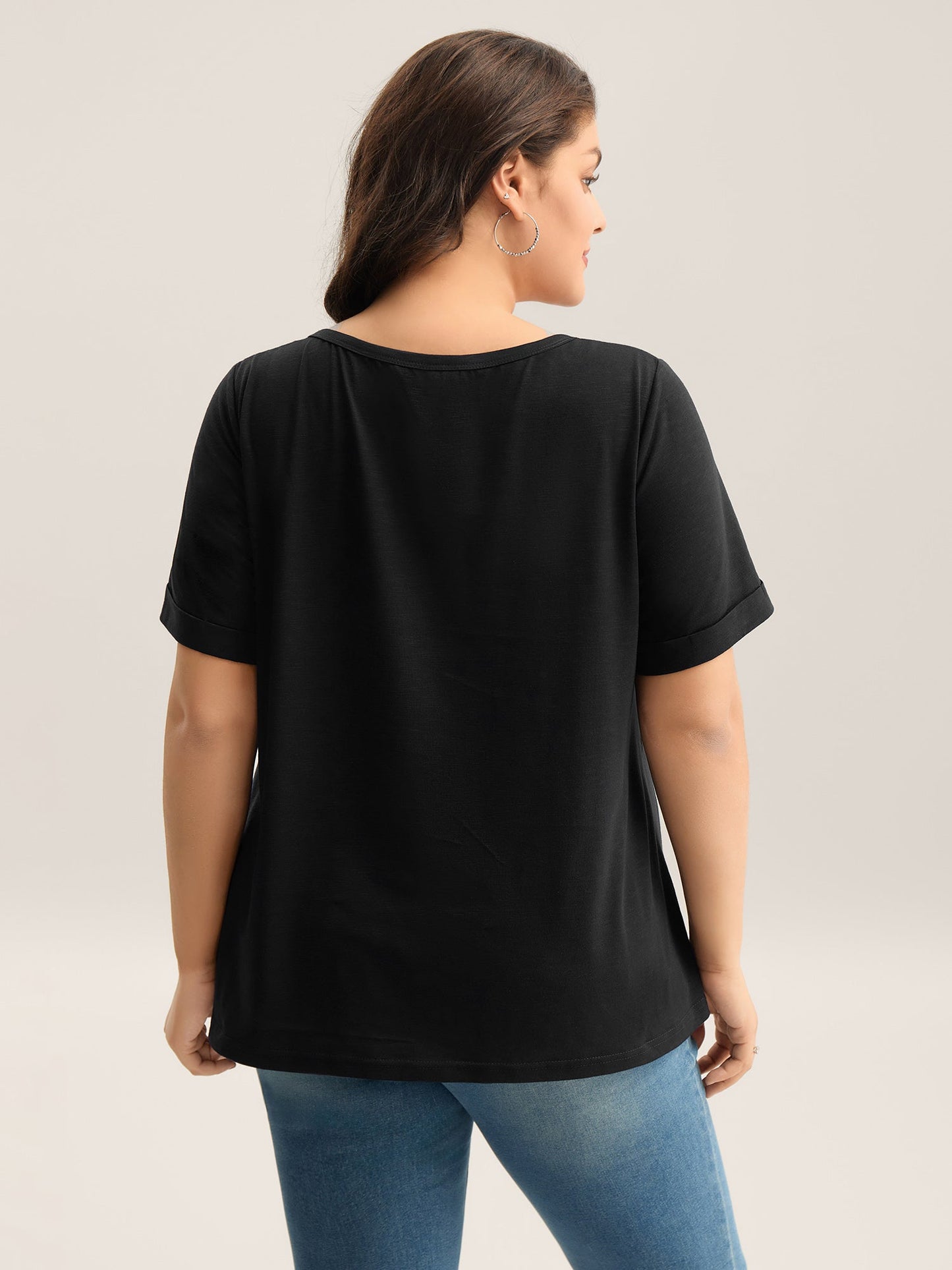 Solid Split Neck Button Detail T-Shirt