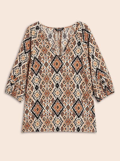 Bandana Geometric Pleated Lantern Sleeve Blouse