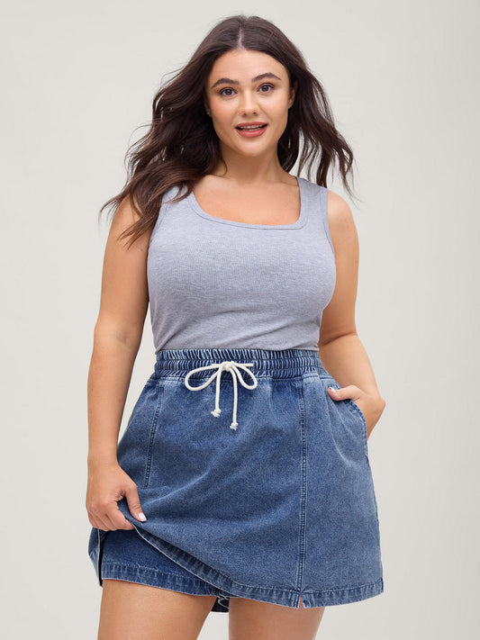 Pull-On Drawstring Denim Skort