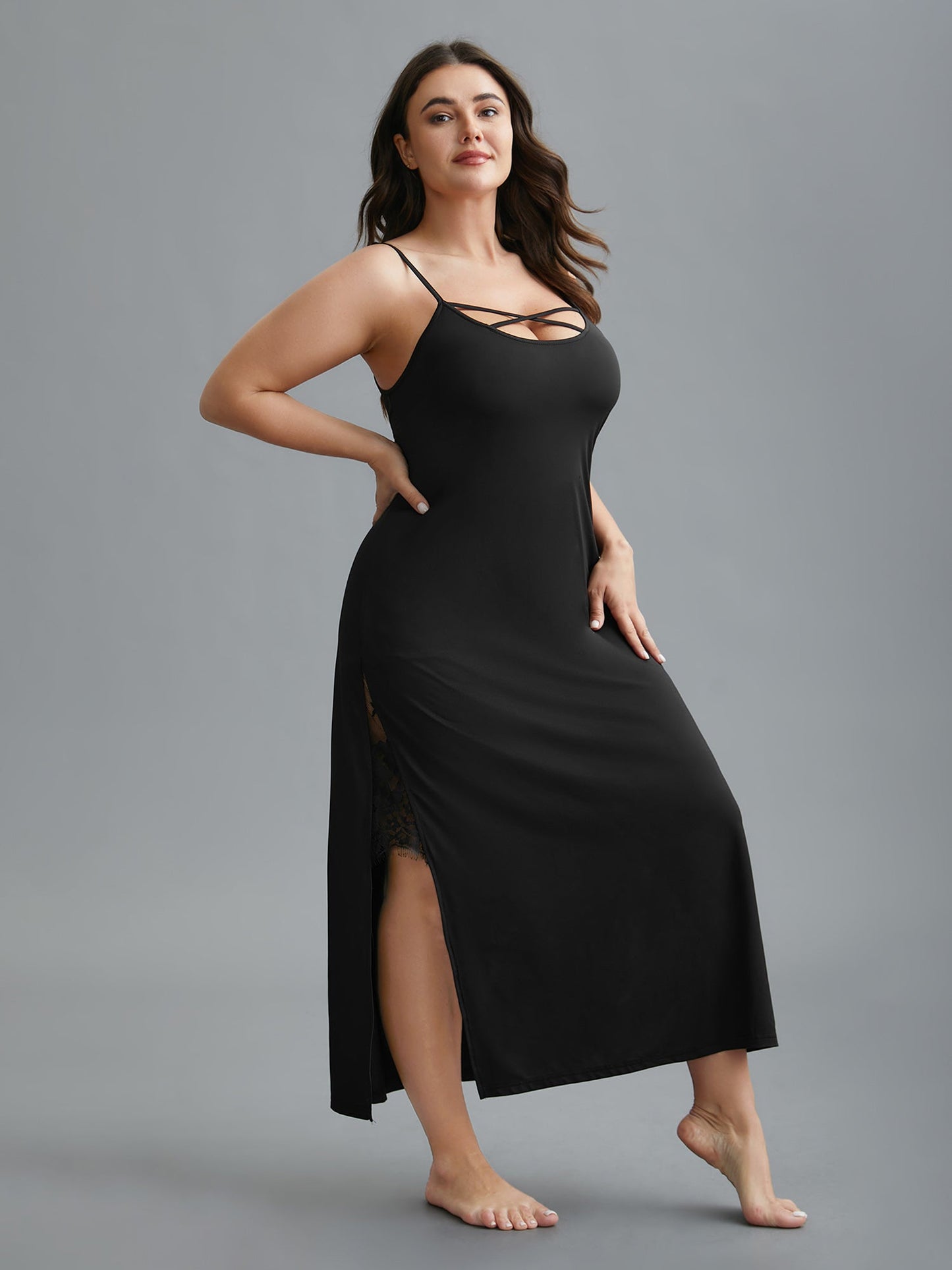 Solid Crisscross Lace Trim Slit Hem Sleep Dress