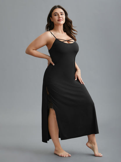 Solid Crisscross Lace Trim Slit Hem Sleep Dress