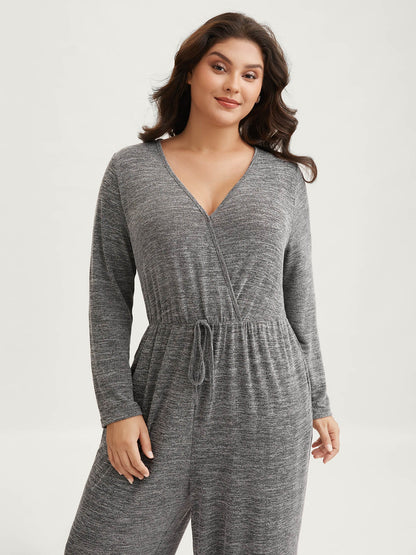 Elastic Waist Overlap Collar Lounge Jumpsuit