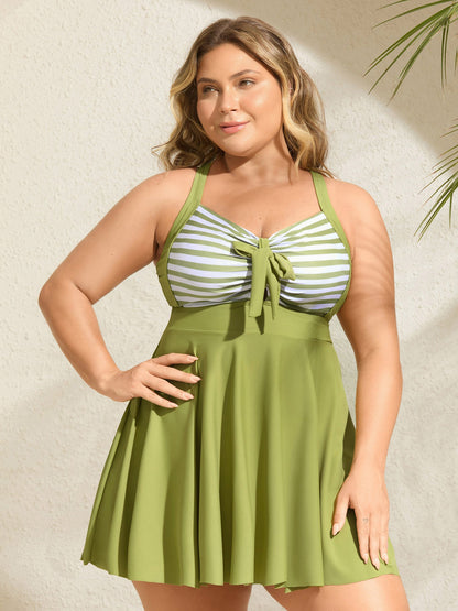 Stripes Patchwork Tie Knot Cross Straps Swim Dress