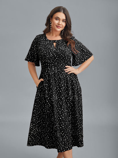 Polka Dots Print Cut-Out Flutter Sleeve Midi Dress