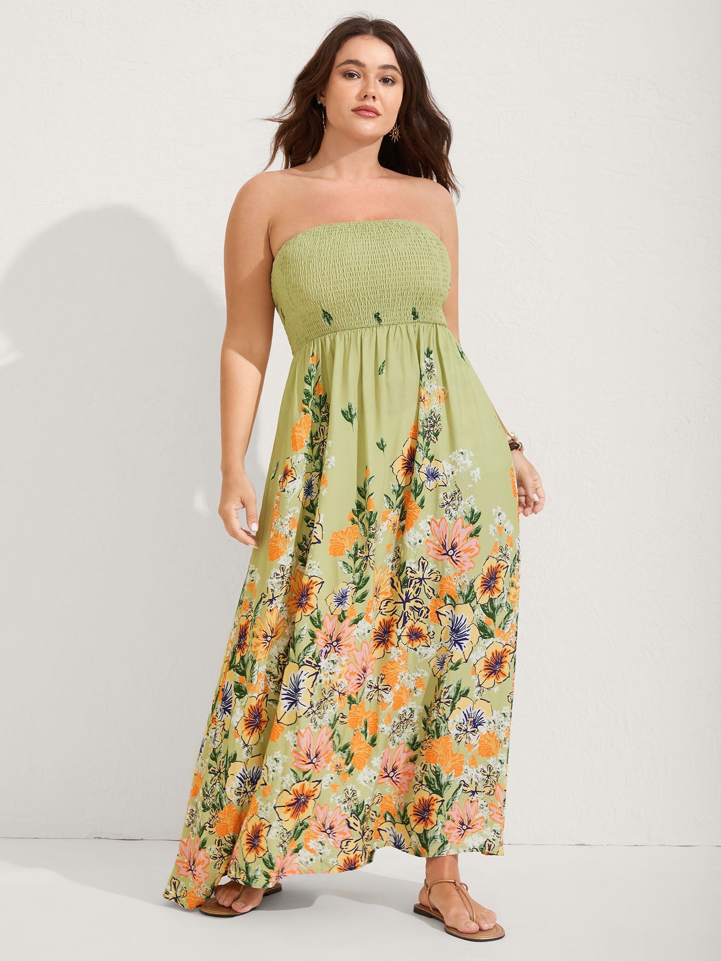 Shirred Off-Sleeve Floral Print Maxi Dress
