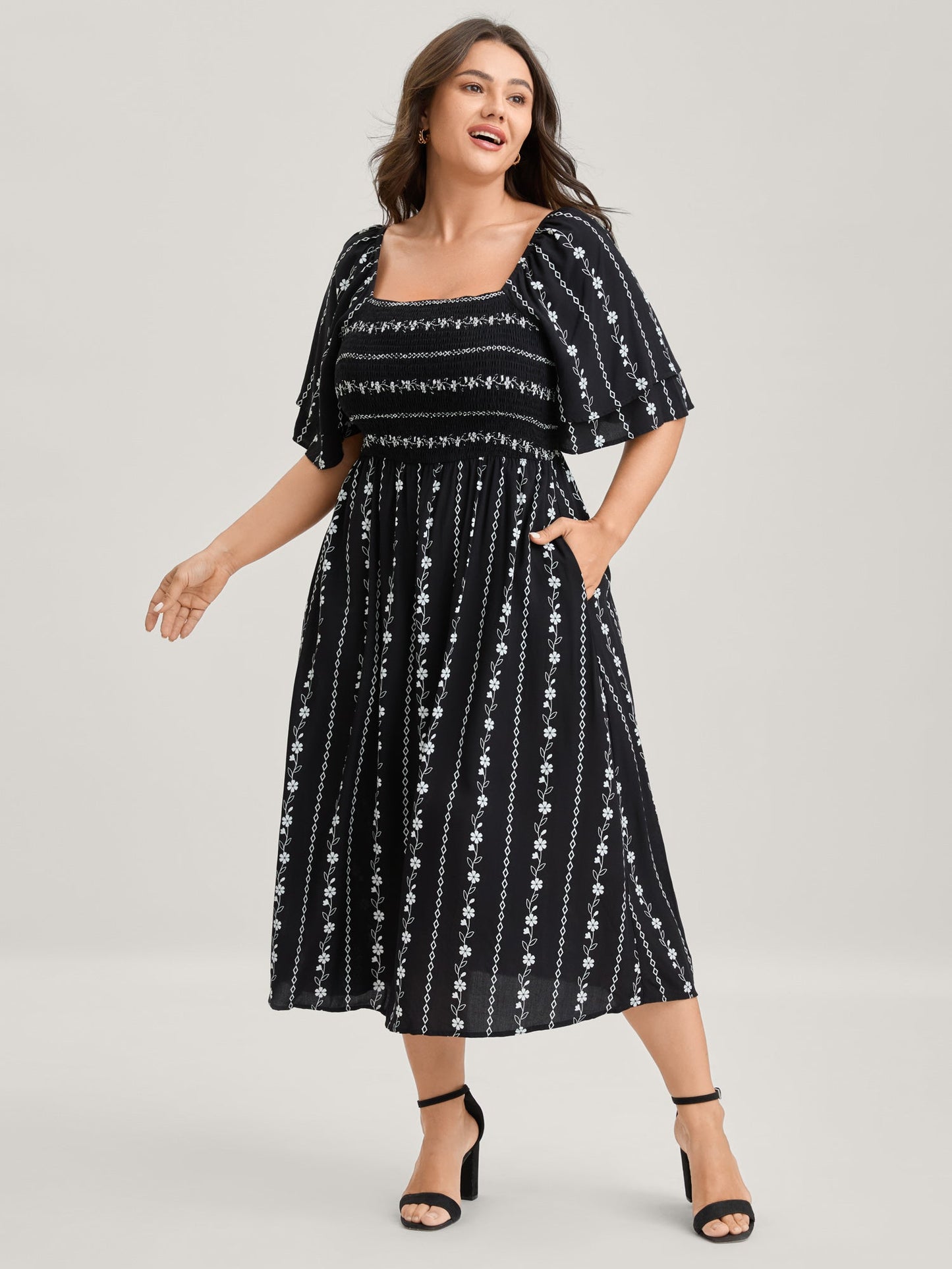 Floral Stripes Layered Ruffle Sleeve Midi Dress