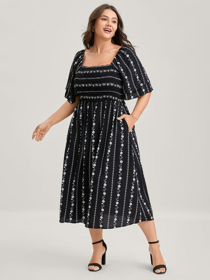 Floral Stripes Layered Ruffle Sleeve Midi Dress