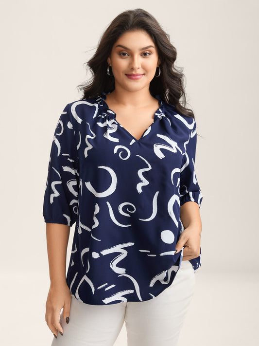 Scribble Print Ruffled Split Neck Blouse