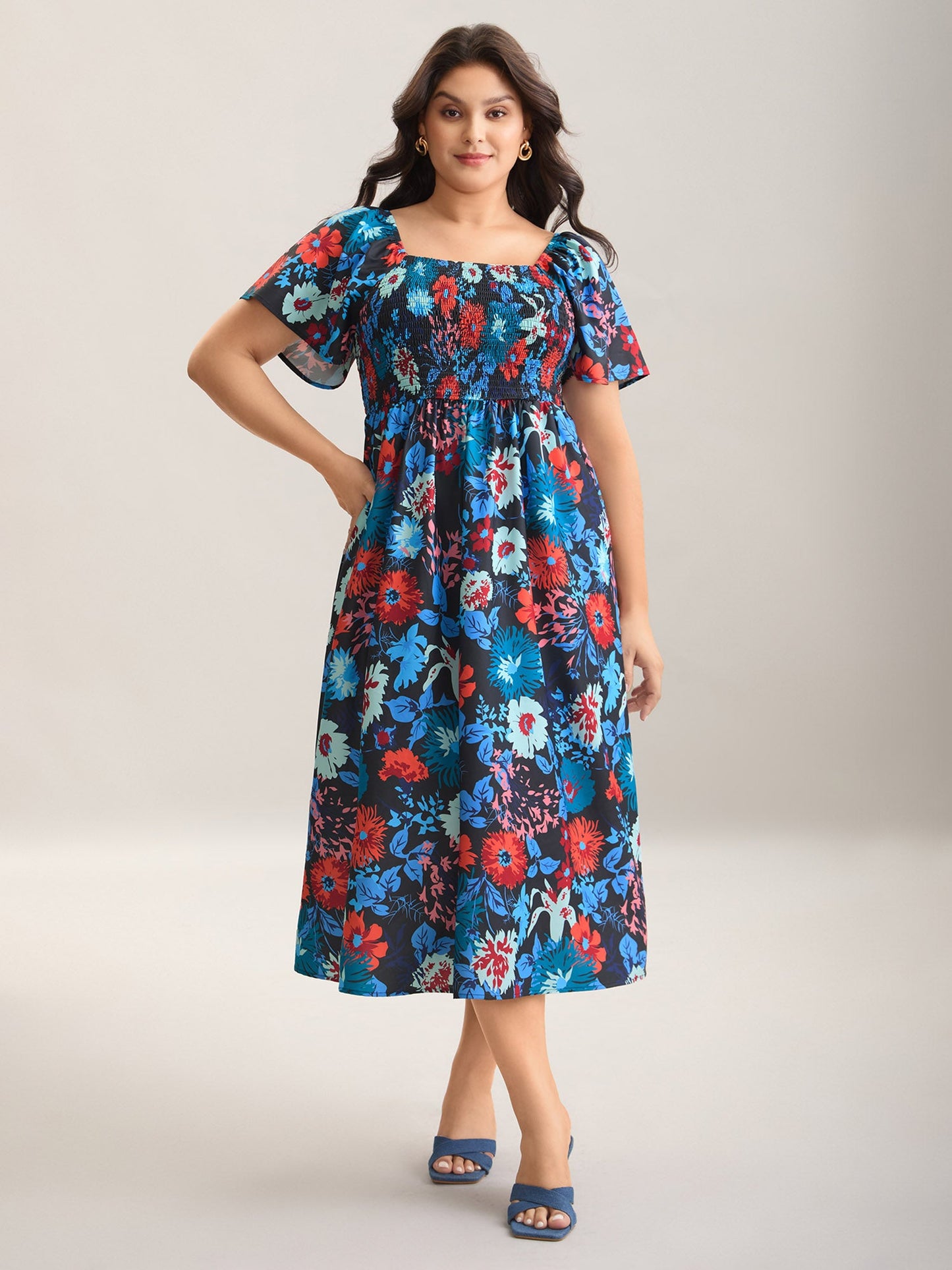 Floral Shirred Square Neck Pocket Midi Dress