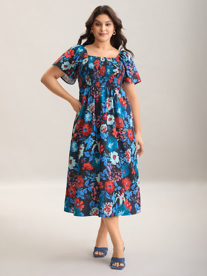 Floral Shirred Square Neck Pocket Midi Dress