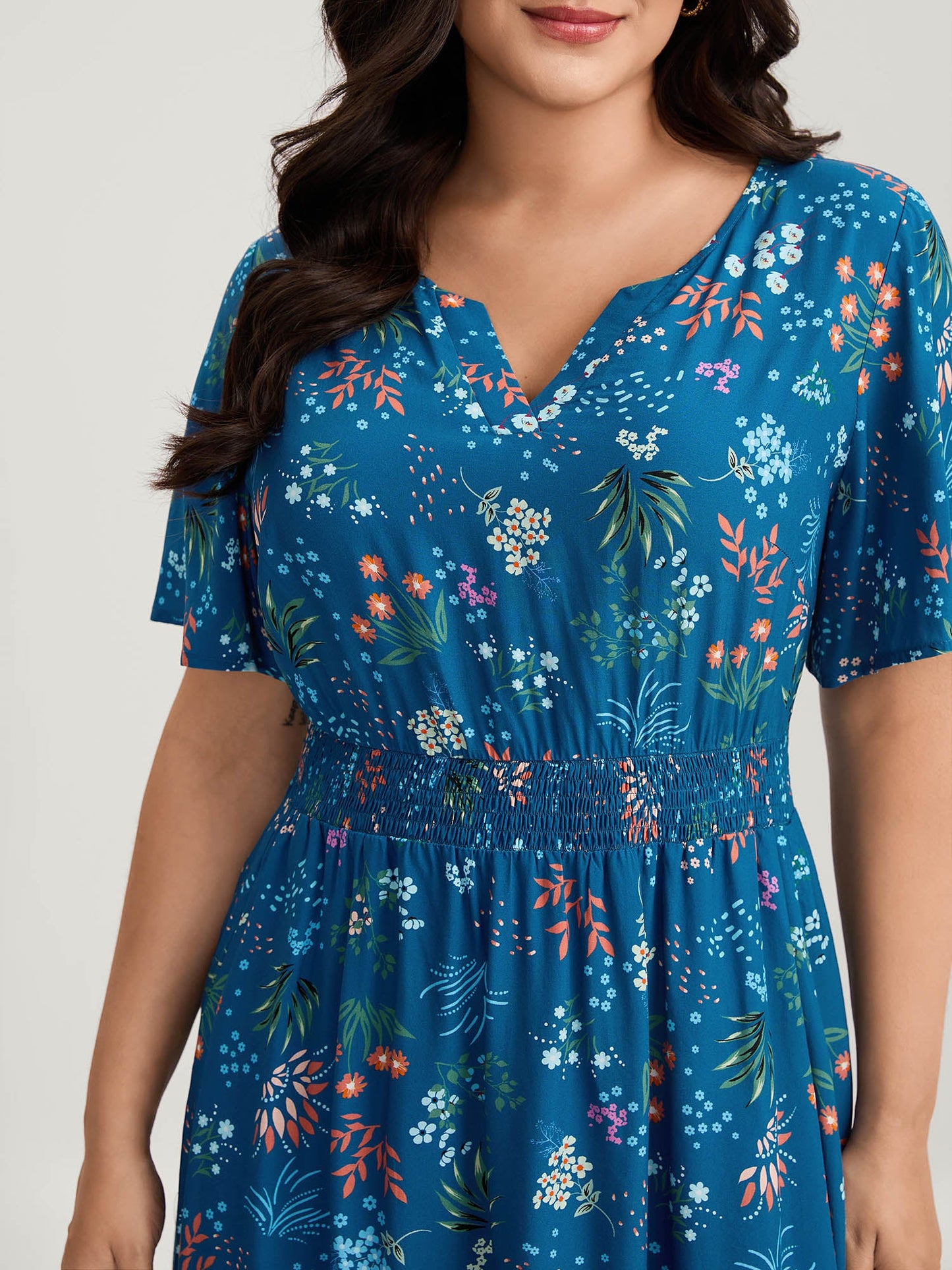 Rayon Playful Floral Shirred Midi Dress