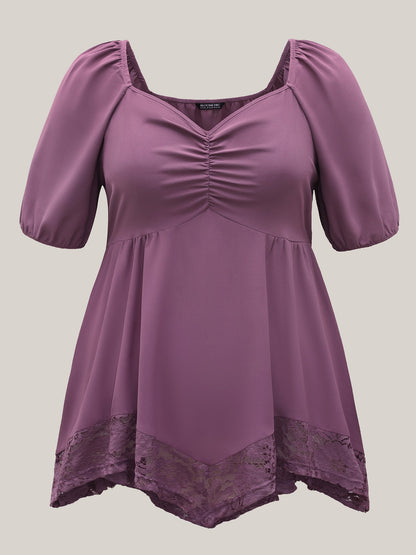 Sweetheart Neck Lace High-Low Hem Shirt